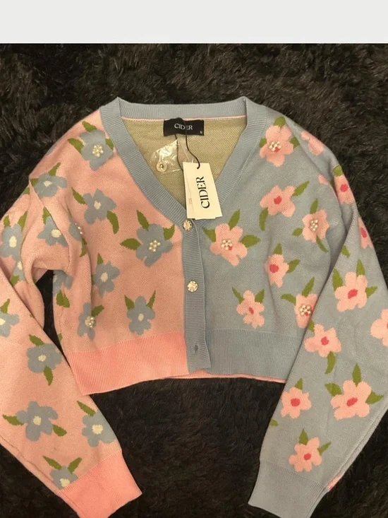Floral Pastel Cropped Cardigan Sweater - Pink & Blue - Picture 3 of 3